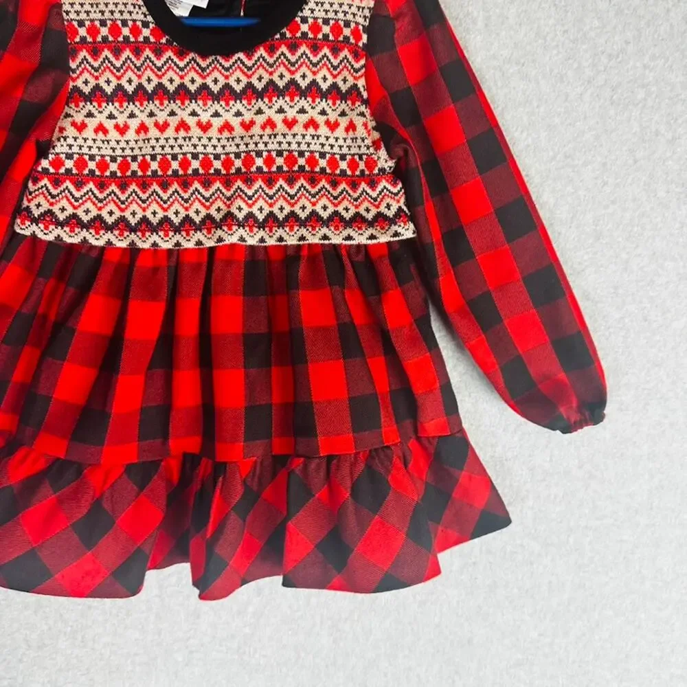 Bonnie Baby Girls Sz 4T Dress Buffalo Plaid Red Black Long‎ Sleeve Button